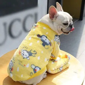 Yellow fleece dog sweater with monkey prints and ribbed cuffs for French Bulldogs