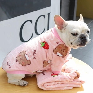 Warm pink flannel dog hoodie with cute bear and strawberry prints for small medium pets