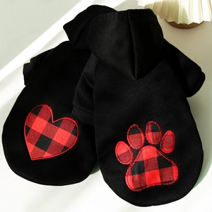Black pet hoodies with red heart and paw print buffalo plaid embroidery for dogs