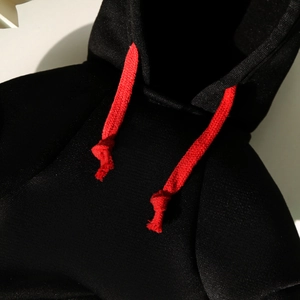 Close-up of black dog hoodie fabric with red drawstring and hood neckline details