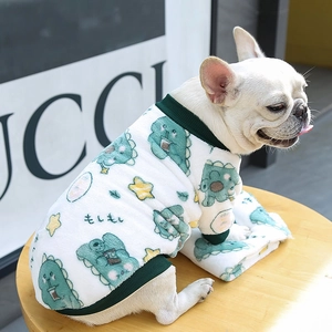 Cartoon dinosaur print warm fleece hoodie for French Bulldogs and cats in white