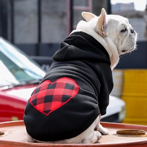 Close-up of black pet hoodie with red buffalo plaid heart patch worn by a white dog