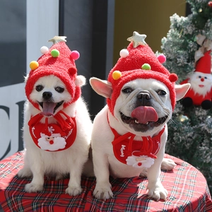 Christmas pet dog hat and bib set with Santa decor and festive red plush material