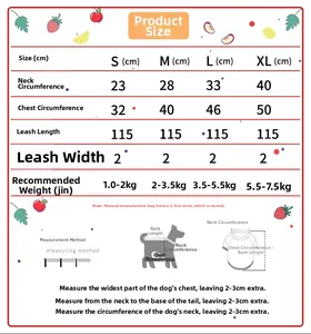 Detailed size chart for pet harness and leash set with measurements for S to XL sizes