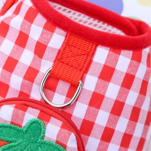 Dettaglio macro della pettorina per cani a quadri rossi con tasca a fragola e anello a D