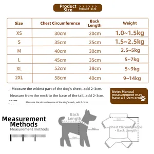 Tableau des tailles détaillé pour vêtements d'animaux avec mesures de poitrine et de dos