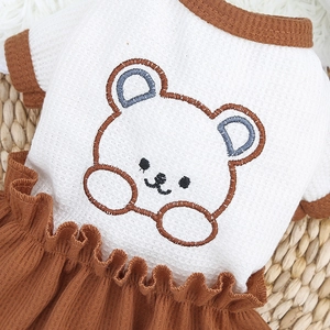 Détail de la robe pour animaux en tissu gaufré avec broderie d'ours et volants