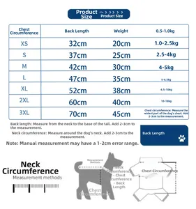 Detailed size chart for denim pet dress showing chest girth and back length measurements