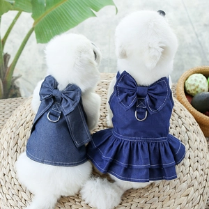 Deep blue denim pet dress and vest with large bows and D-rings for medium dogs and cats