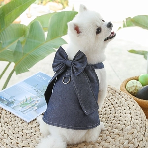 Close-up of denim dog dress with large bow and metal D-ring for leash attachment