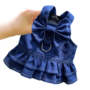 Deep blue denim dog harness dress with large bow and double ruffles for pets