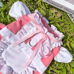Détail de robe rose pour animal avec dentelle, nœud en soie et anneau en D en métal