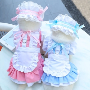Robe de servante pour chats et chiens avec dentelle et anneau de laisse en rose et bleu
