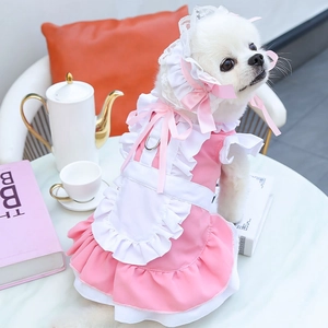 Détail d'une robe de servante rose pour chien avec dentelle et anneau en D pour laisse