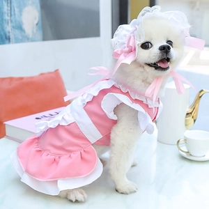 Vue détaillée d'une robe rose de style soubrette pour animaux avec froufrous et chapeau