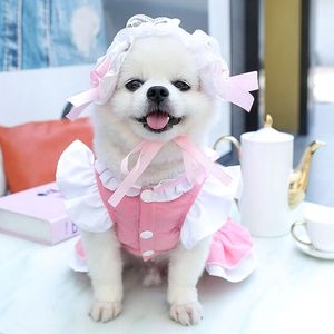 Détail de la robe de servante rose pour animaux avec froufrous blancs et nœud assorti
