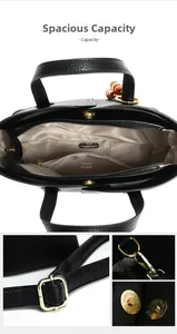 Dettaglio borsa tote in pelle nera con tasca interna a zip e chiusura magnetica