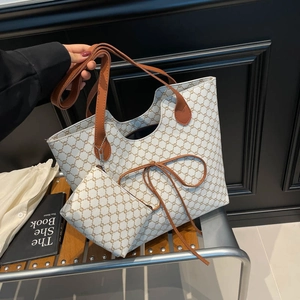 Sac Cabas Vintage Imprimé Monogramme pour Femme Ensemble Grande Capacité avec Nœud Sac à Épaule en Cuir Synthétique Travail