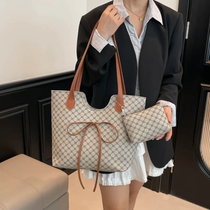 Grand sac cabas à carreaux avec nœud décoratif et pochette assortie pour femme