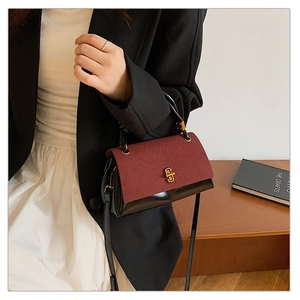Detail of burgundy suede and black patent leather crossbody bag with gold clasp and chain