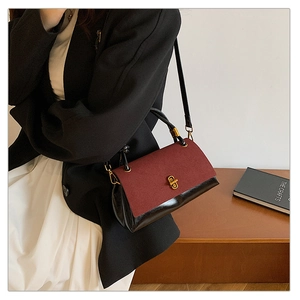 Close-up of burgundy suede and black leather stitching with golden swivel lock detail