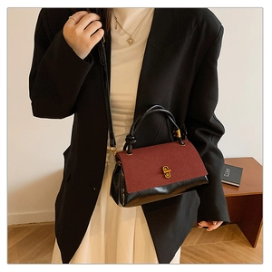 Detail showing burgundy suede and black leather bag with gold buckle on model