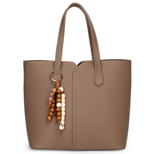 Borsa Tote Tracolla Pelle PU Trama Litchi Grande Capacità Ciondolo Nappa Perline In Legno Moda Retro Per Donna