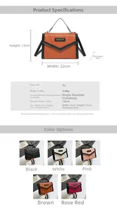 Detailed size chart and multi-color options for the woven texture crossbody bag