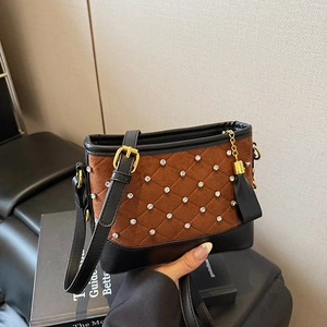 Women Crossbody Bag Quilted Suede PU Leather Patchwork Rhinestone Diamond Tassel Vintage Retro Shoulder Bucket Purse Casual