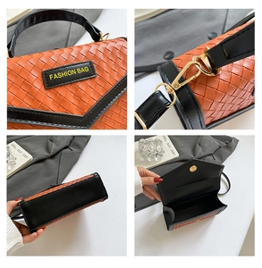 Detailed views of orange woven crossbody bag with gold hardware and magnetic snap closure