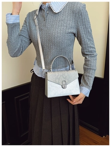 Detail of silver box handbag featuring grey snake skin texture and metal lock on the flap