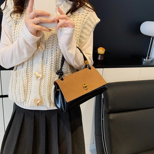 Chic suede patchwork crossbody bag with gold twist lock and woven handle for women