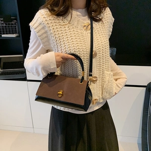 Retro faux suede patchwork handbag with black leather and gold buckle for women
