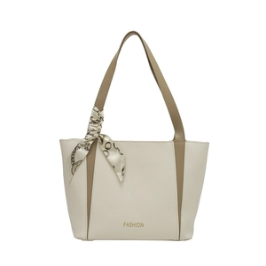 Grand sac cabas bicolore crème et kaki en similicuir avec foulard en soie décoratif