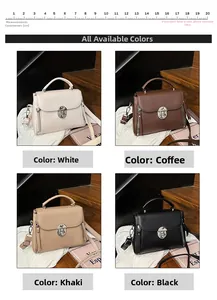 Litchi pattern leather handbags in white, brown, khaki, and black with metal clasp closure