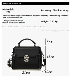 Detailed size chart for black PU leather crossbody bag with metal lock dimensions