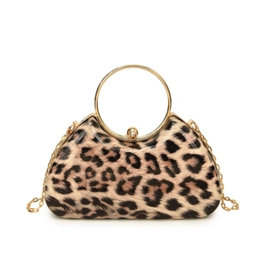 Leopard print box bag with gold ring handle and chain strap for evening events