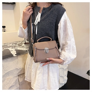 Detail of khaki leather small square bag with metal clasp and side zipper accents