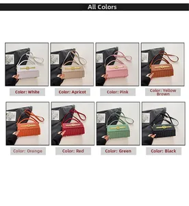 Detail view of woven texture small square bags in eight vibrant elegant colors