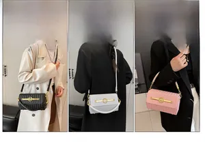 Detail showing woven texture handbags in three colors with gold M logo and versatile straps