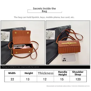 Detailed size guide and capacity display for the woven texture crossbody box bag