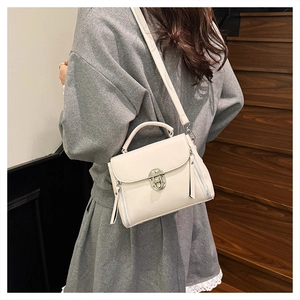 Detail of ivory lychee grain leather handbag with round buckle and tassel accents
