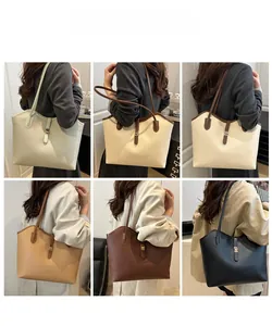 Collage of leather tote bags in six colors with litchi texture and metal buckle