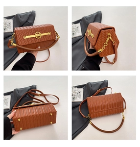 Detailed views of brown woven handbag featuring round metal M logo and strap