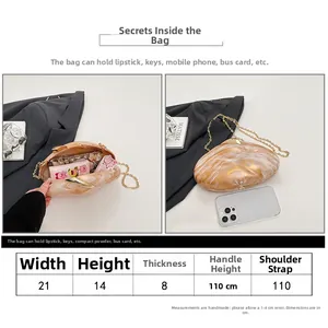 Size guide showing 21x14x8cm acrylic clutch bag dimensions and internal capacity details