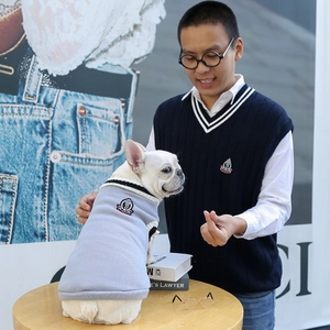 Detail of grey preppy knit sweater for French Bulldogs featuring embroidered badge