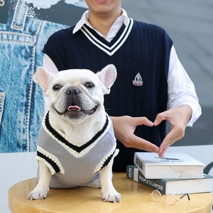 Detail view of grey V-neck pet sweater with striped edges and collegiate style texture