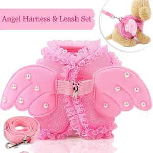 Pink angel wing pet harness set with breathable mesh, lace trim and matching leash