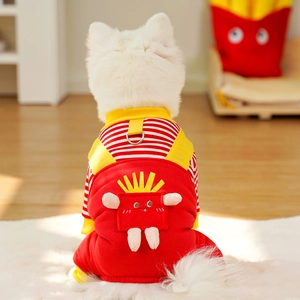Sudadera roja para perro con rayas y bolsillo de patatas 3D con aro de tracción