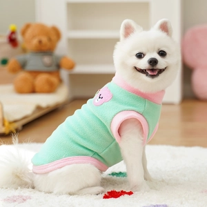 Close-up of mint green fleece pet vest with pink trim and bear patch on a Pomeranian